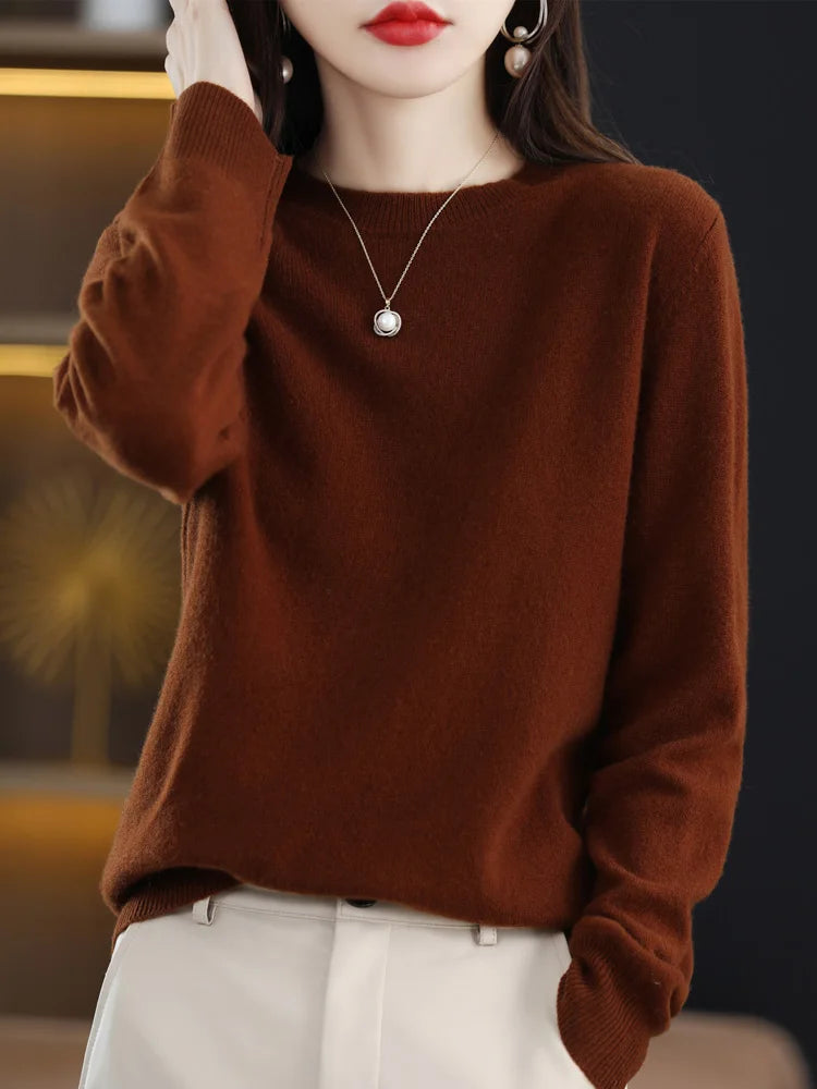 Fashion 100% Merino Wool Sweater Elegant Cashmere Pullover Women O-Neck Long Sleeve Knitwear Basic Clothing  Jumper Tops