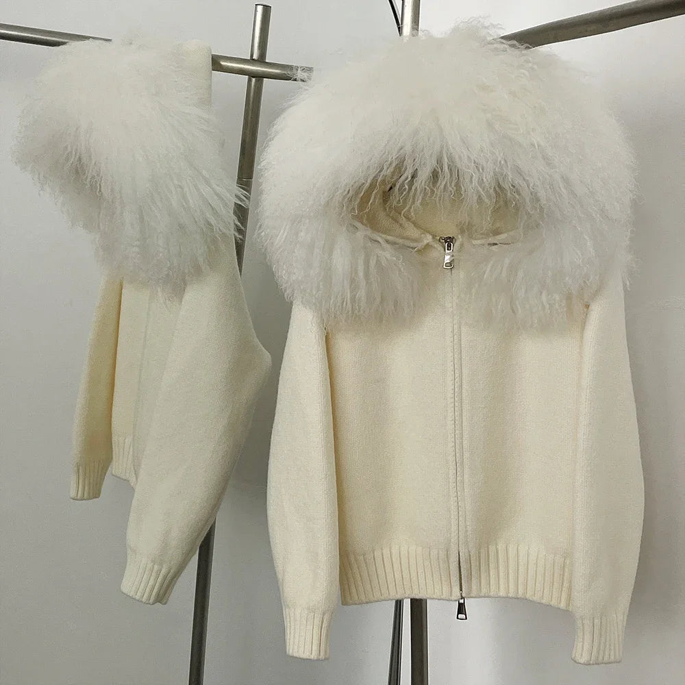 Coat Women Cardigan Natural Fox Fur Coat Women Real Mongolian Fur Knitwear Female Spring Autumn Hooded Knitted Fur Jacket