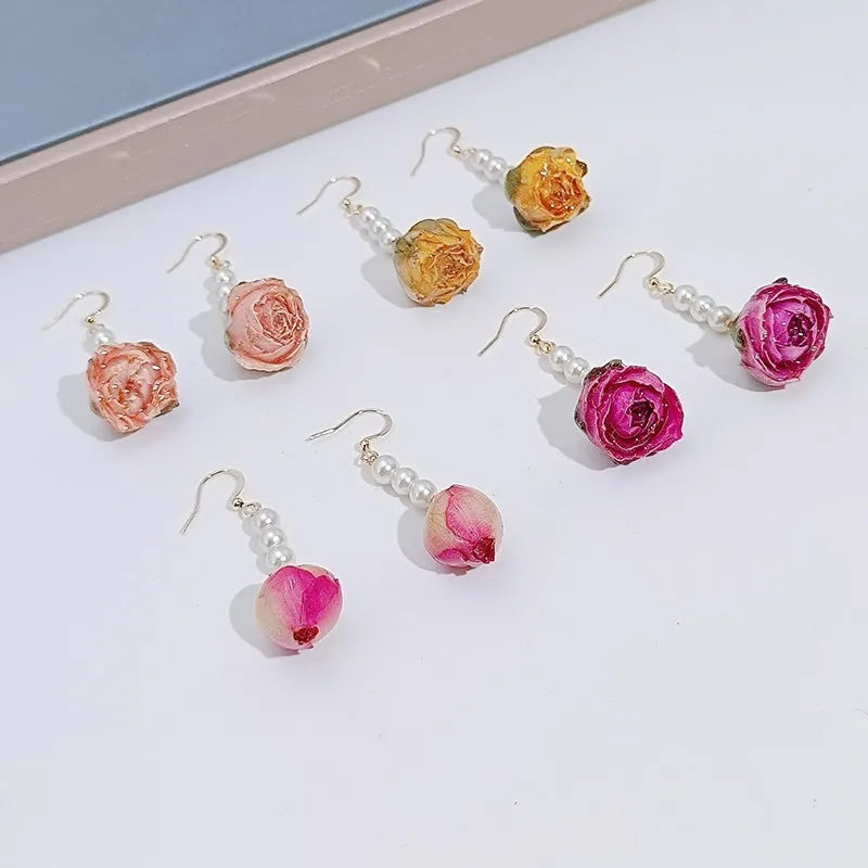 Unique Immortal Flower Earrings Elegant Natural Flower Pearl Drop Earrings Statement Jewelry Epoxy Resin Real Rose Earring 2024