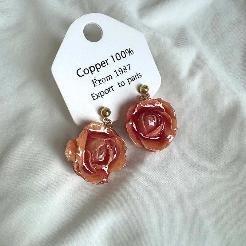 Unique Immortal Flower Earrings Elegant Natural Flower Pearl Drop Earrings Statement Jewelry Epoxy Resin Real Rose Earring 2024