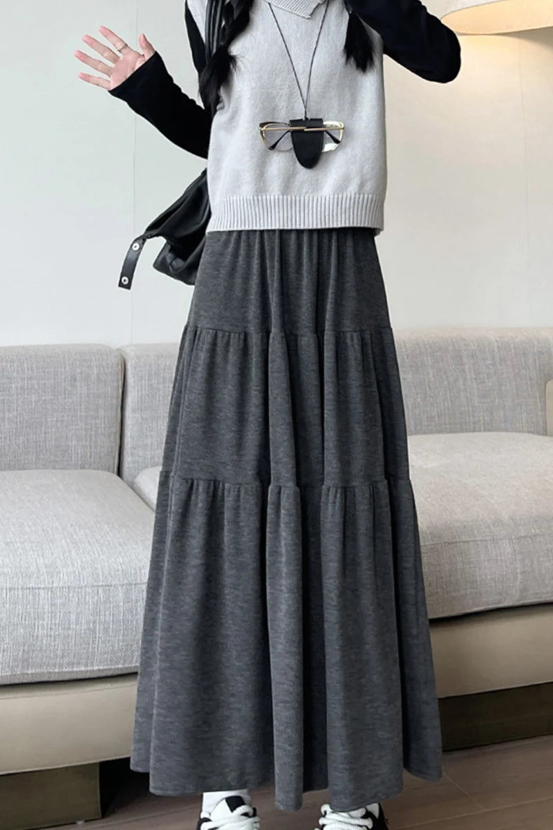 Autumn Casual Knit Pleated Skirt for Women Elegant Solid Color A Line Long Skirts Korean Streetwear High Waist Patchwork Skirt