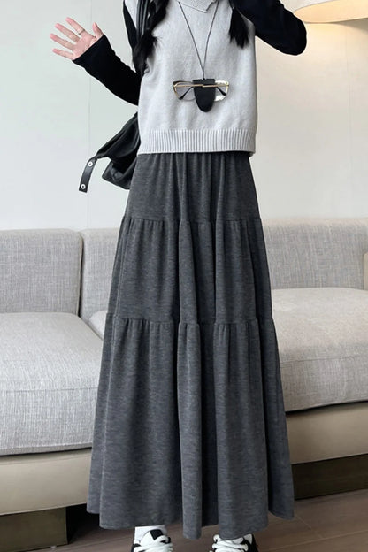 Autumn Casual Knit Pleated Skirt for Women Elegant Solid Color A Line Long Skirts Korean Streetwear High Waist Patchwork Skirt