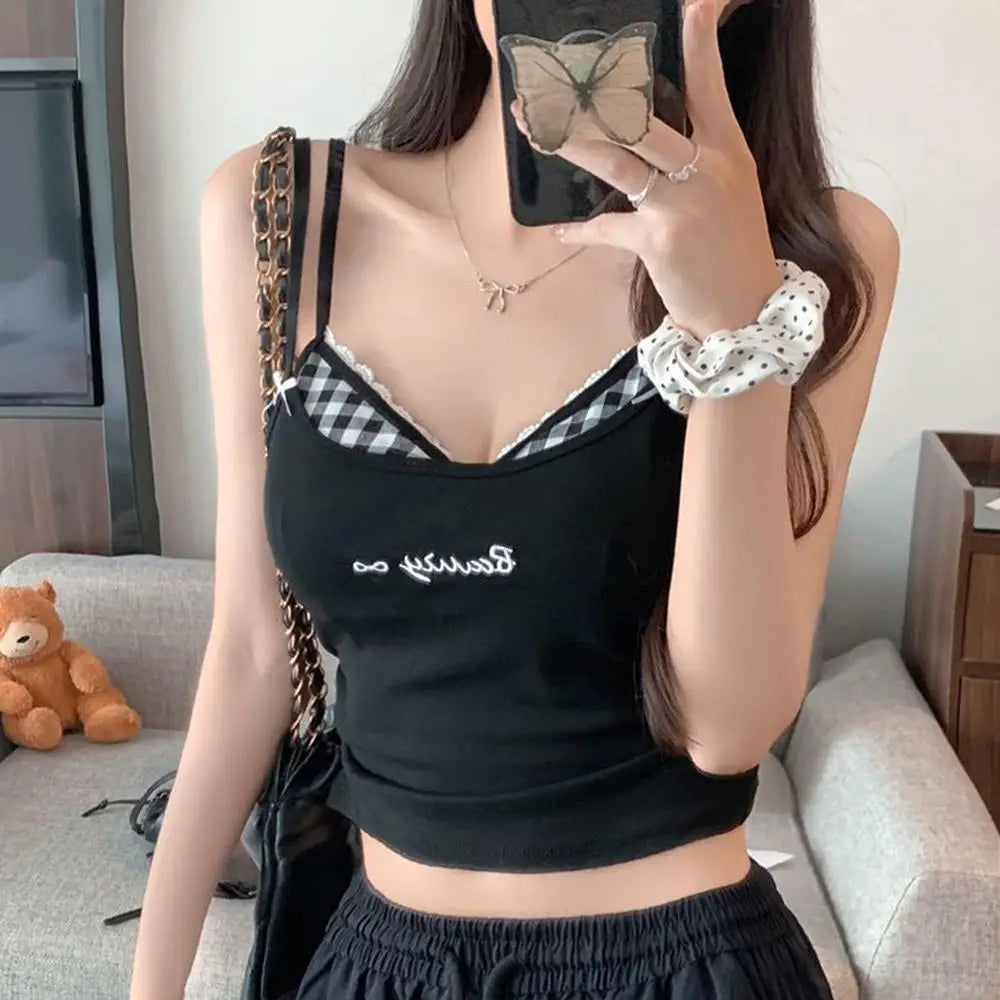Sexy Plaid Tank Top With Chest Pad Fashion Slim Vest Women Backless Innerwear Camisole Sweet Spicy Girl Women Summer Top 2025