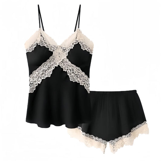 Womens Sexy Satin Pajama Set Lace Trim Cami Top Shorts Lingerie Sleepwear Silky Black Cream V Neck Spaghetti Strap Two Piece