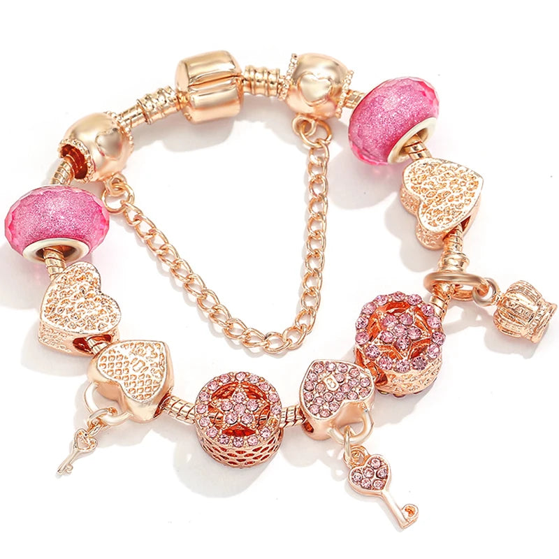 Spring Style Charms Bracelets For Women With Snake Chain Pink Daisy DIY Charms Beads Pendants Fashion Jewelry Dropshipping
