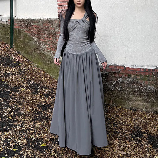 Autumn Skew Collar Halter Aura Dresses Solid Color Female Clothing Folds Stylish Irregular Basic Long Sleeve Spliced Long Dress