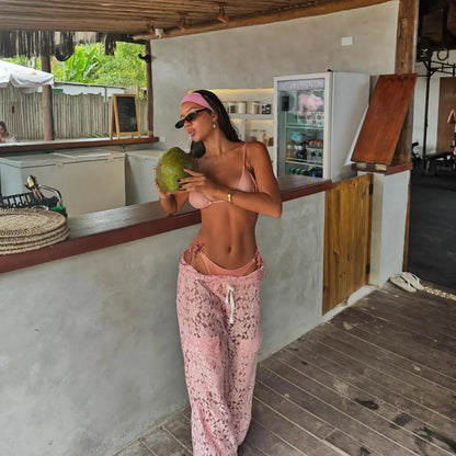 3 Pcs Sexy Bandage Bikini With Pants Wide-Leg Lace Pants Summer Women White Tube Top with Pants Suit Female