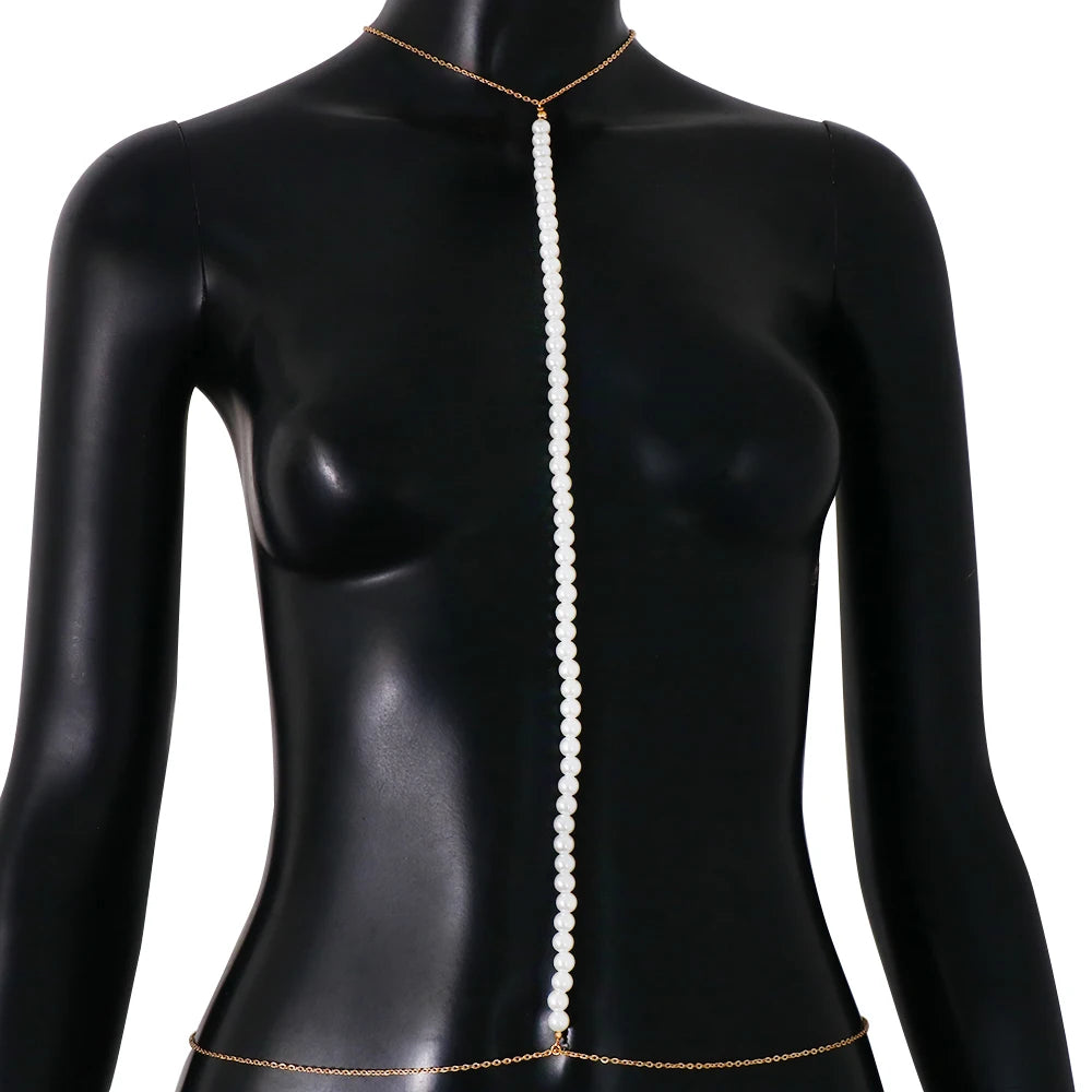 Stonefans Fashion Pearl Body Chain Bra Necklace Harness for Women Summer Sexy Bikini Crystal Belly Waist Chain Beach Jewelry