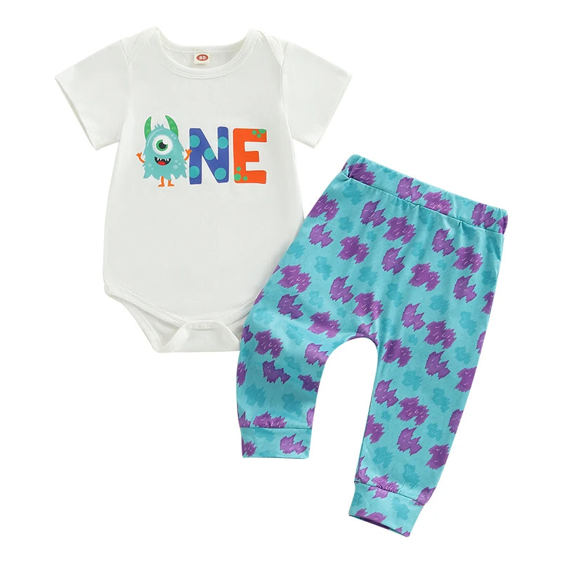 Baby Boys 1st Birthday Outfits Dinosaur Print Short Sleeve Bodysuit and Pants 2Pcs Clothing Set for Toddler Boys Party Wear