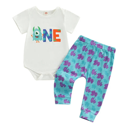 Baby Boys 1st Birthday Outfits Dinosaur Print Short Sleeve Bodysuit and Pants 2Pcs Clothing Set for Toddler Boys Party Wear