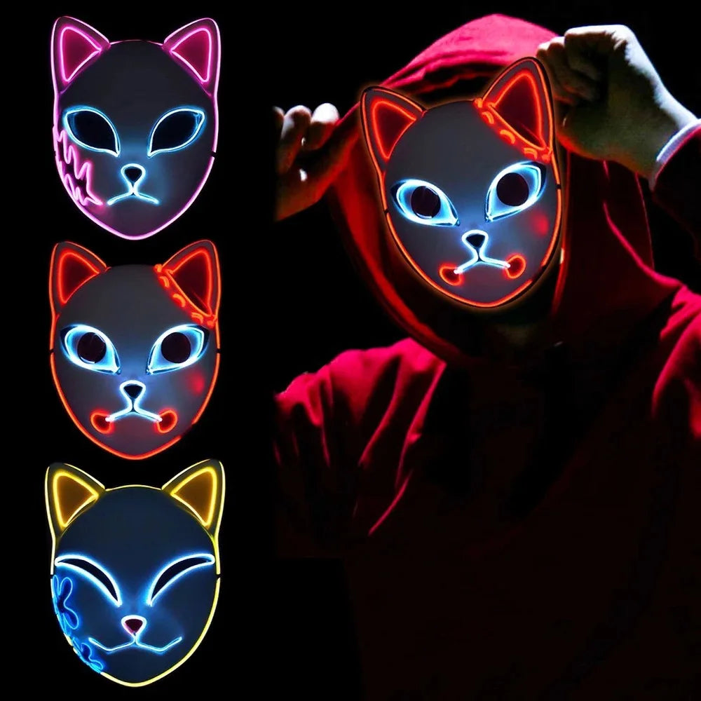 Colorful Halloween cat LED face mask with glowing features for festive celebrations