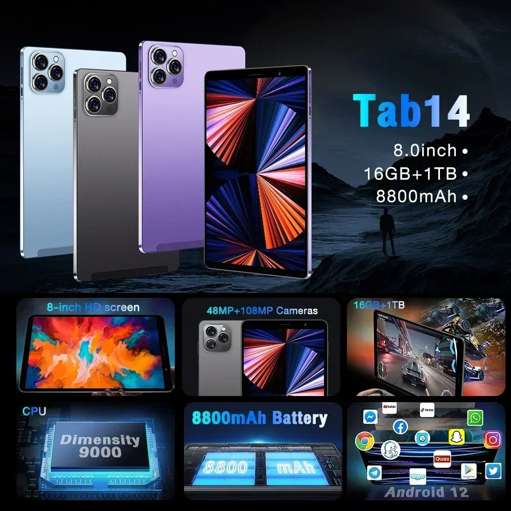 New Global Model Tablet Tab14 8-inch Android 12 16GB 1TB GPS WPS 5G Dual SIM HD Wifi Bluetooth HD Screen Hot Tablet PC Portable