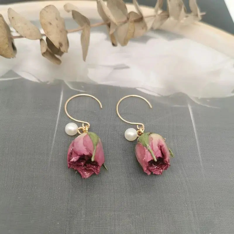 Unique Immortal Flower Earrings Elegant Natural Flower Pearl Drop Earrings Statement Jewelry Epoxy Resin Real Rose Earring 2024