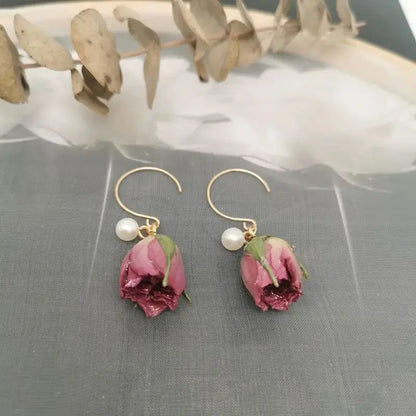 Unique Immortal Flower Earrings Elegant Natural Flower Pearl Drop Earrings Statement Jewelry Epoxy Resin Real Rose Earring 2024