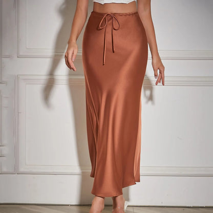 Women'S Solid Color Satin Long Dress High Waist Drawstring Dress Maternity Skirts Reflective Dress Trailing Dress Ropa De Mujer