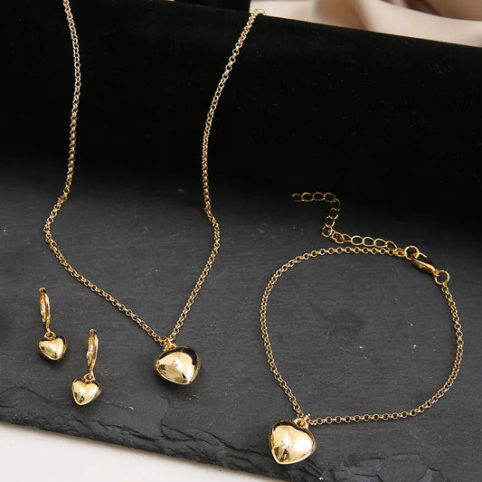 Exquisite Heart Earrings Necklace Women's Bracelet Fashion Simple Romantic Pendant Gold Color Jewelry Set 2023 New Trendy Gifts