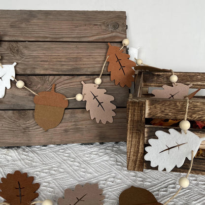 1pc Fall Garland Acorns and Oak Leaves, Neutral Autumn Banner, Felt Leaves and Wood Beads, Thanksgiving Home Decor