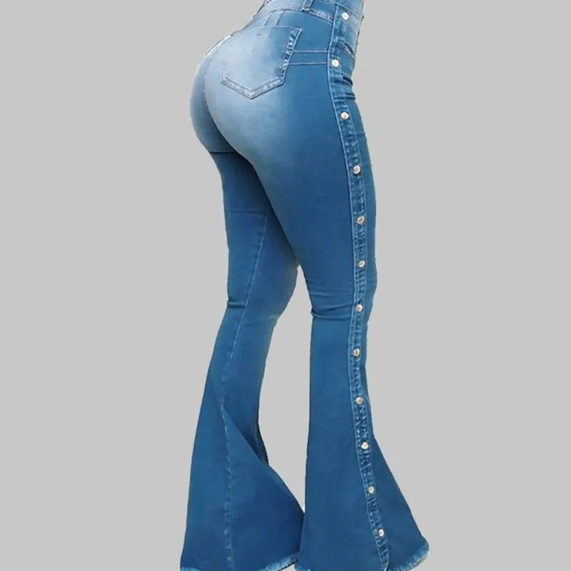 Jeans High Waist Strecth Denim Flare Pants Women Vintage Trousers Buttons Denims Streetwear 2024 Autumn Female Floor Length