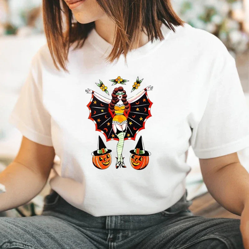2024 Funny Pumpkin Face Floral Sexy Ladies T Shirt Women  Halloween Clothes Fall Festival T-shirt WomenTop