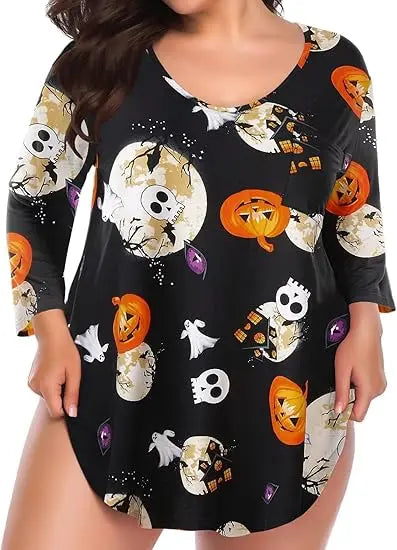 Plus size Halloween pumpkin T-shirt with festive ghost and pumpkin designs for Halloween celebrations