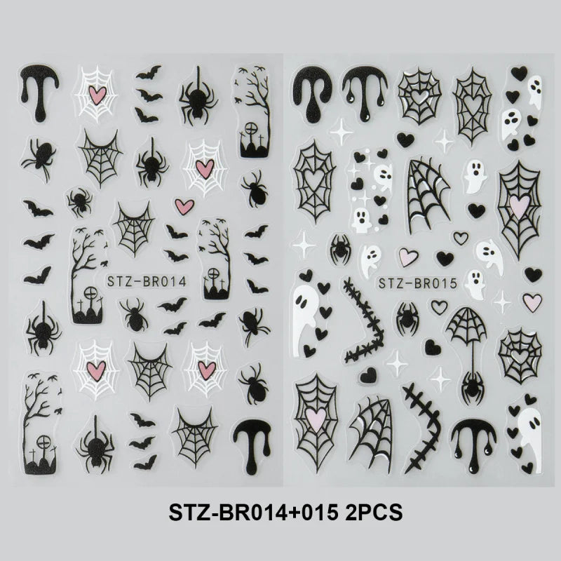 Spooky Halloween Stickers For Nails Cartoon Ghost Spider Web Heart Designs Spider Bat Adhesive Decals Holiday Manicure Supplies