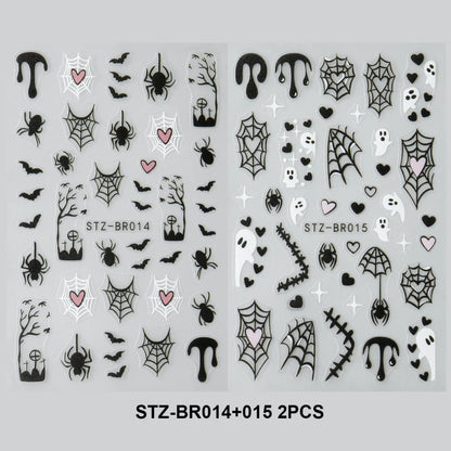Spooky Halloween Stickers For Nails Cartoon Ghost Spider Web Heart Designs Spider Bat Adhesive Decals Holiday Manicure Supplies