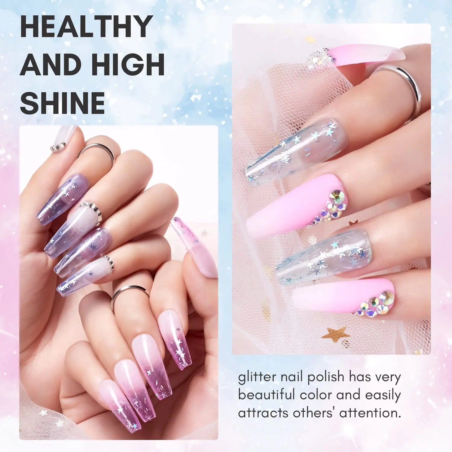 Makartt Gel Nail Polish Set Jelly Clear Glitter Pink Blue Soak Off Gel with Irridescent Stars, Crystal Transparent Nail Varnish