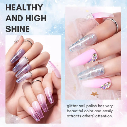 Makartt Gel Nail Polish Set Jelly Clear Glitter Pink Blue Soak Off Gel with Irridescent Stars, Crystal Transparent Nail Varnish