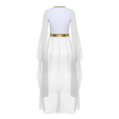 Women Halloween Ancient Greek Goddesses Queen Cosplay Costume Roman Toga Gold Trim Cape Tunic Dress Church Choir Worship Robe
