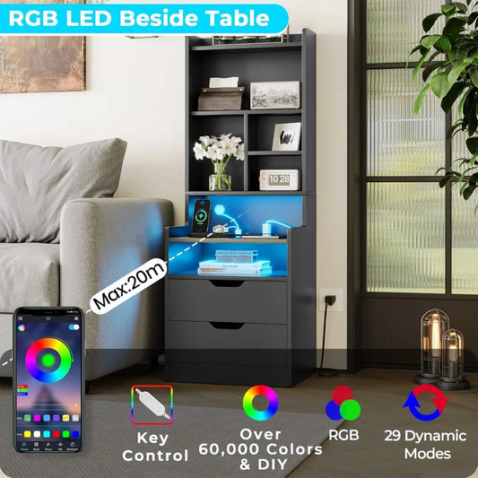 Charging Nightstand Set of 2 with LED Lights,Tall Night Stand with Bookshelf,Bedside Table with Drawers