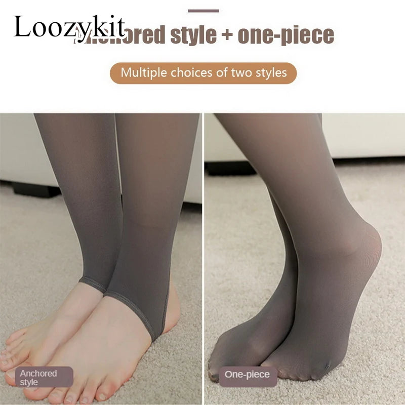 Loozykit Fleece Leggings Women's Insulated Tights Winter Thermal Stockings Sexy High Waist Elastic Pantyhose Skin Effect Socks