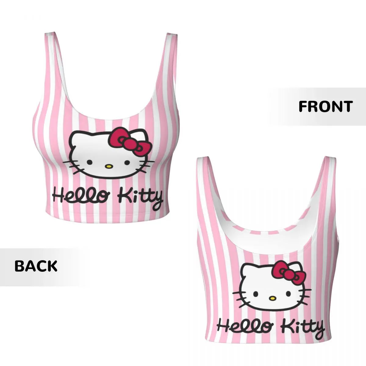 Front and back view of a Hello Kitty sports bra for women with pink stripes and a cute design