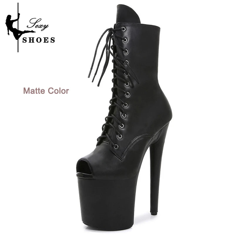 2025 New Pink Peep Toe 20cm/8Inch High Stripper Pole Dancing Women's Shoes Women Sexy Fetish Stiletto Heels Lace Up Short Boots