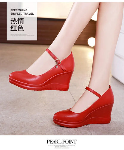 high quality leather shoe for women 7cm wedge high heel platform round toe 32 33 42 43 elegant and fashion shoe white red black