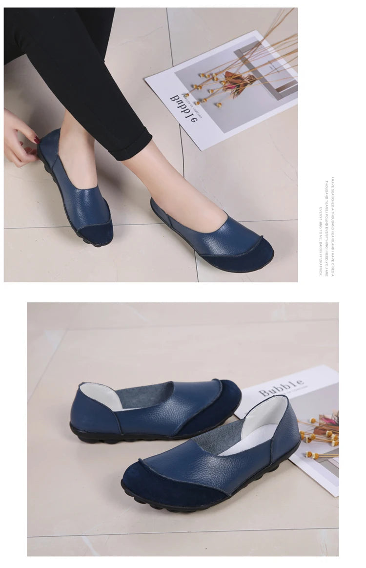 Women's shoes casual flat walking low heel loafers leather solid color large size casual single shoe work shoes44
