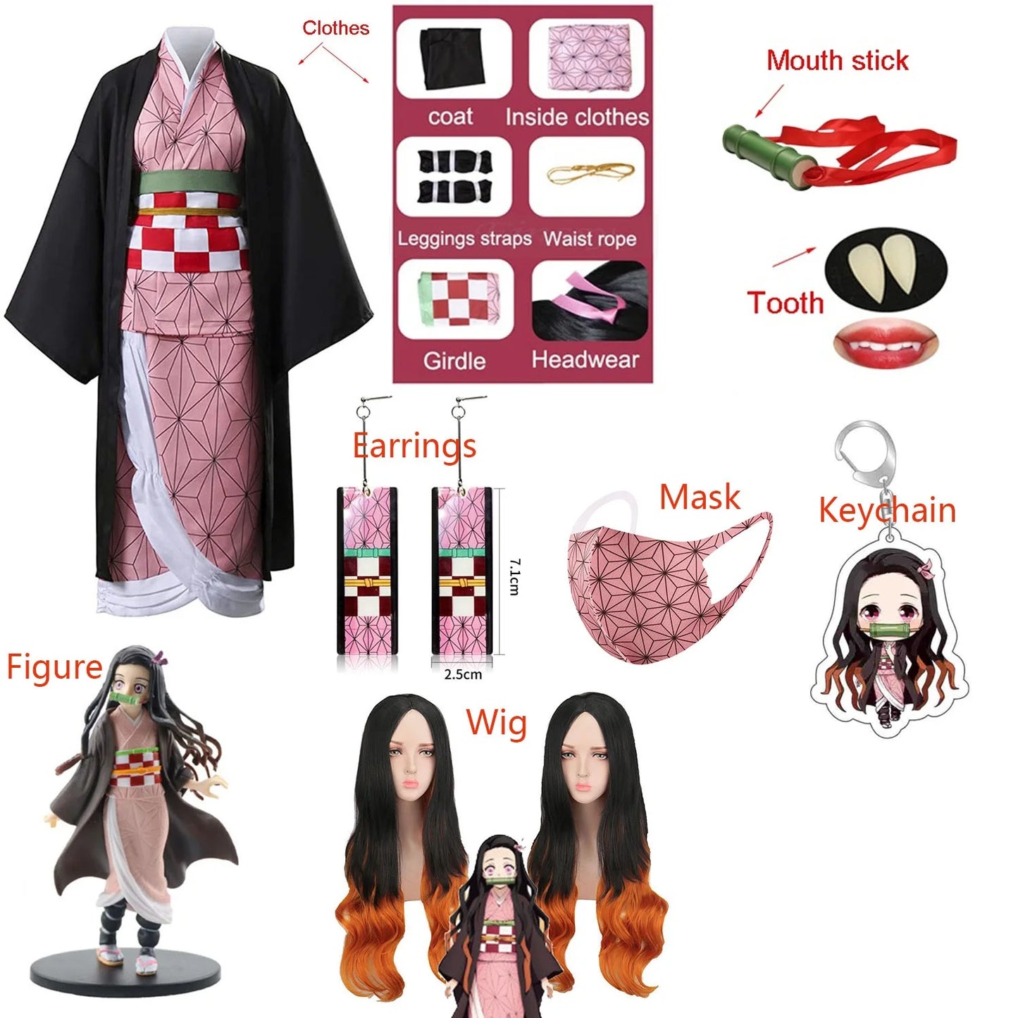 Demon Slayer Nezuko cosplay costume featuring dress, accessories, earrings, and keychain for fans