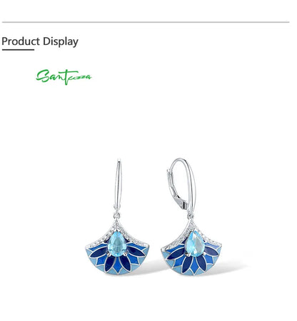 SANTUZZA Authentic 925 Sterling Silver Drop Earrings For Women Sparkling White CZ Blue Stone Fan Shape Chic Party Fine Jewelry