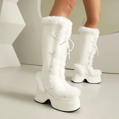 8CM Chunk Heels Winter Warm Knee High Boots Women Snow Short Plush Platform Boots Faux Fur Cosplay Lace-up Long Shoes Size 34-43