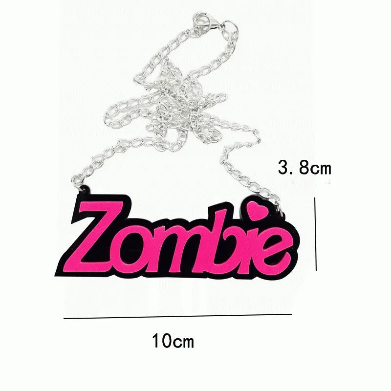 EtherealBe Halloween black letter necklace featuring a bold pink 'Zombie' pendant on a silver chain