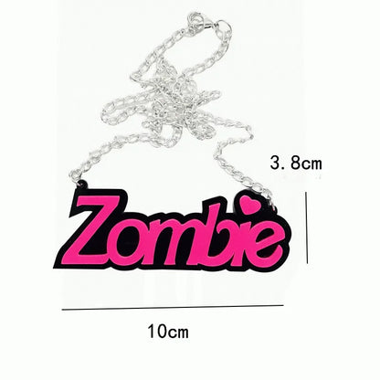 EtherealBe Halloween black letter necklace featuring a bold pink 'Zombie' pendant on a silver chain