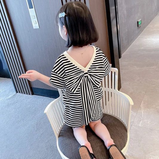 Girl Clothes Set Striped Fashion Outfits Clothing Set Bowknot V-neck Children Sets Toddler Girl Clothes