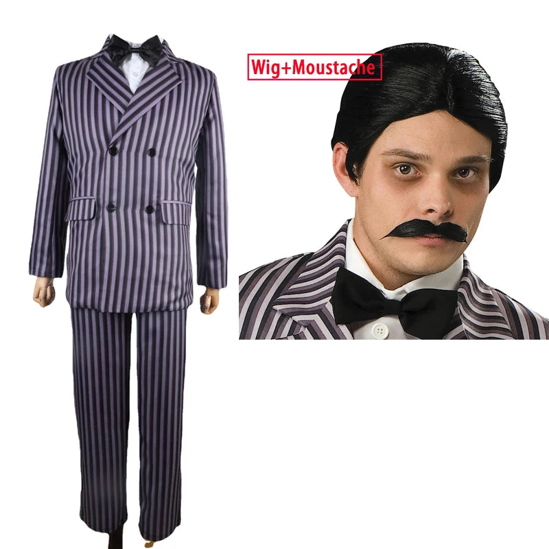 Gomez Addams Cosplay Anime Morticia Costume Dress Halloween Carnival Outfit Adult Kid Coat Shirt Pant Tie Suit Party Uniform