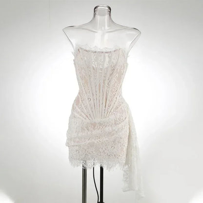 Talenza Women's Sexy Lace Dress Solid Color Sheer Patchwork High Waist Lace Dress Elegant Printed Strapless Slim Evening Dress