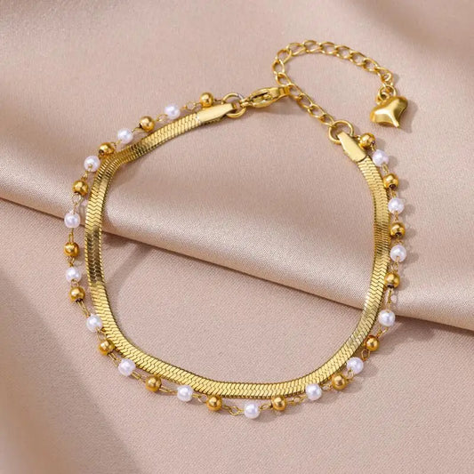 Anklets for Women Artificial Pearl Double Layer Stainless Steel Anklet Summer Beach Accessories Foot Leg Bracelets Jewelry Gifts