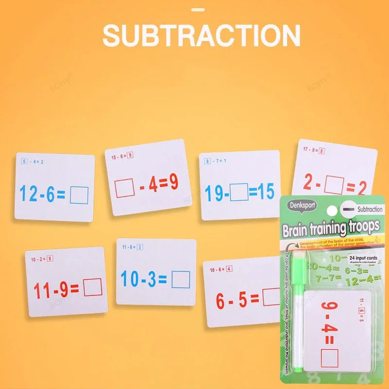 Mathematical Math Learning Tool Montessori Training Math Erasable Add Subtract Multiply and Division Table Cards Seheck for Kids