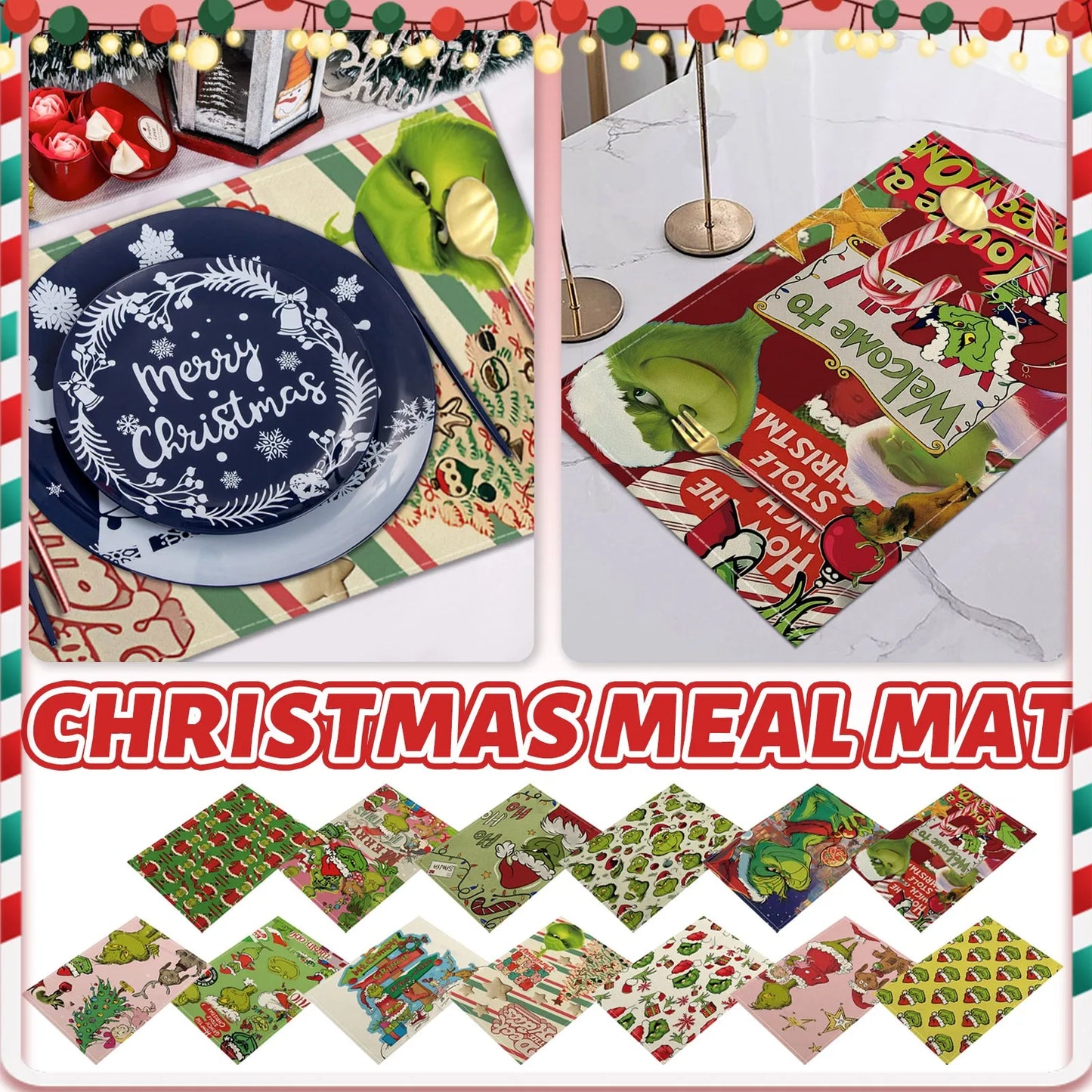 Christmas Grinch Holiday Decoration Christmas Placemat Home Kitchen Insulated Coaster Anti-Scalding Western Placemat
