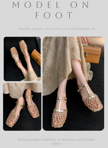 Women Weave Mesh Sandals Square Toe Low Heels Mules Shoes Open Toe Woman Summer 2025 Trend Dress Chunky Designer Pumps Mujer