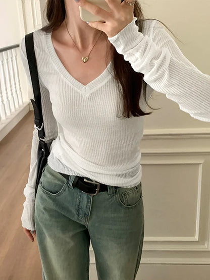 Autumn Sexy Classic V-neck Knitted Female T-shirts New Elastic Fashion Slim Simple Casual Pure Color Long Sleeves Women T-shirts