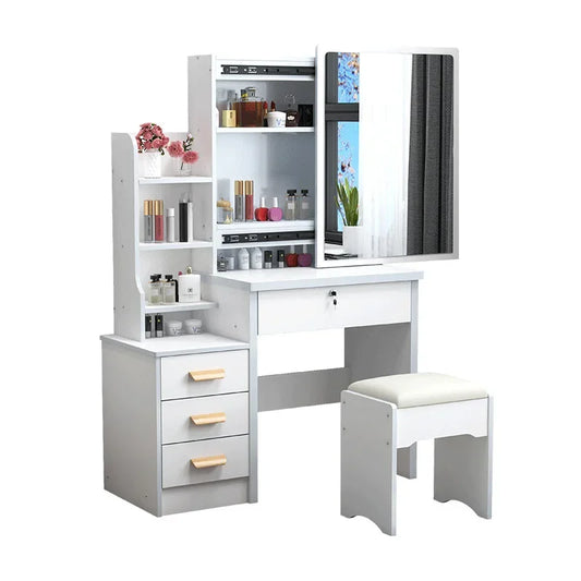 Wooden Table with Mirror, Home Makeup Table, 4 Drawers, Vanity Set with Folding Mirror