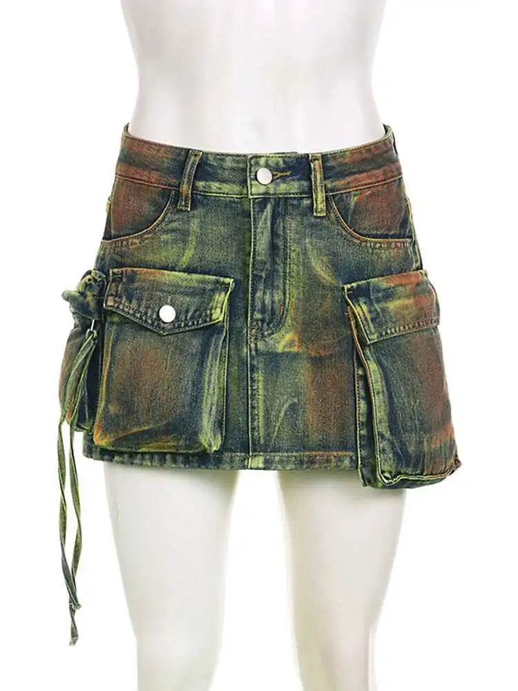 DEAT Women's Denim Skirts Tie-dye Green Irregular Spliced Multiple Pockets Cargo Mini Skirt 2025 Summer New Fashion 29L3411